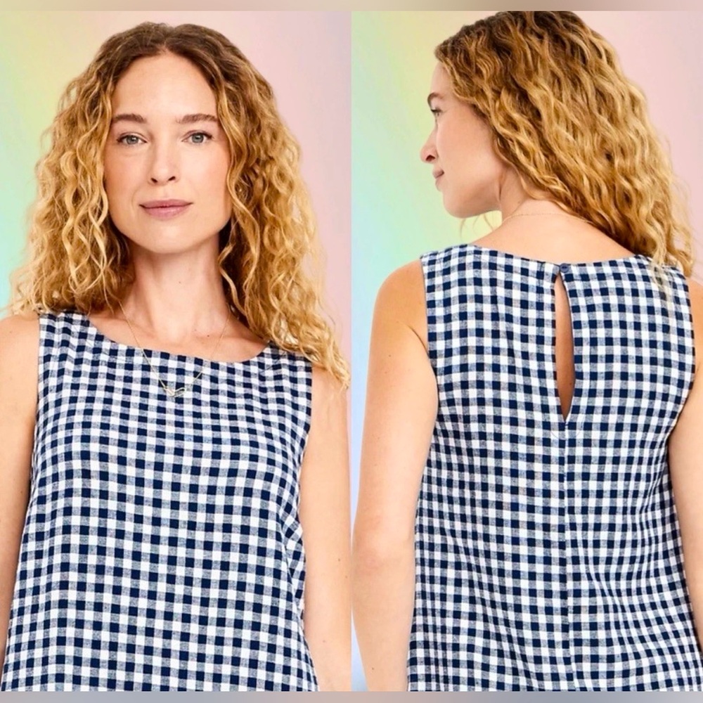 NWTSđGAP OLD NAVY XLđSLEEVELESS BOATNECK LINEN BLUE GINGHAM DRESS KEYHOLE BACK - Picture 4 of 15